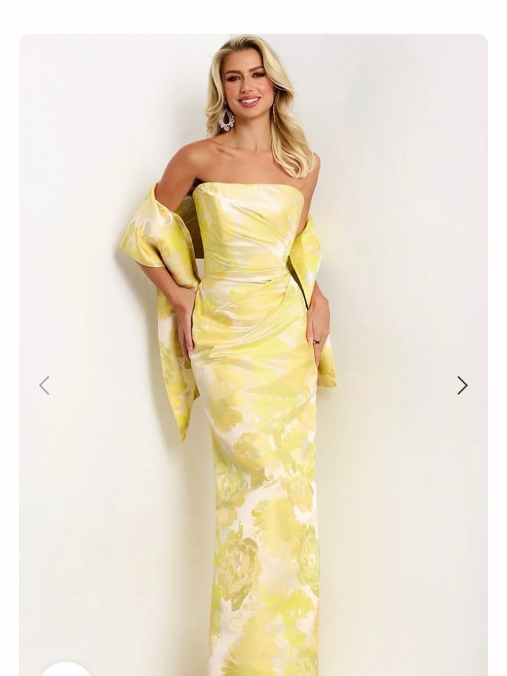 Jovani Yellow Jacquard Elegant Strapless Gown with Sheen Floral Overlay 45289